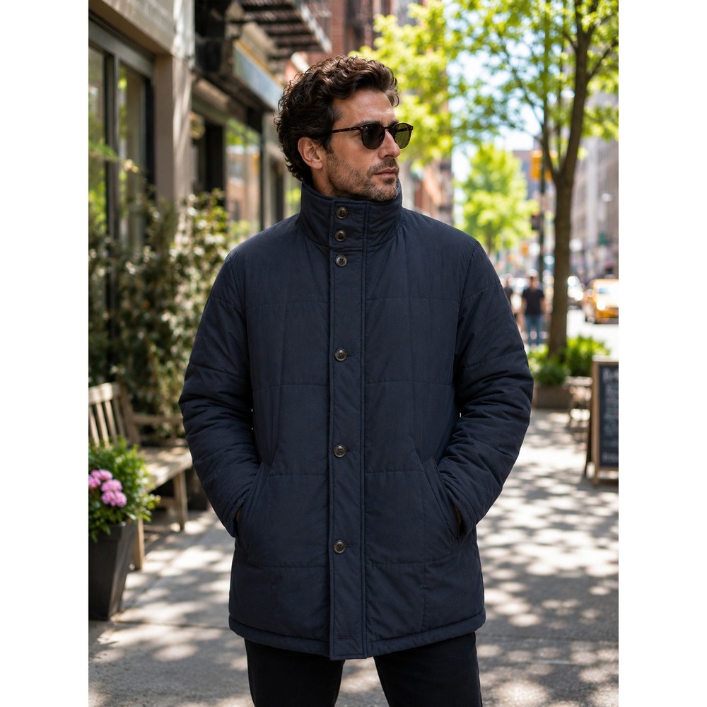 Schneiders Salzburg Puffer Coat Mens 42 Navy Quilted Made in Austria High‎ Neck